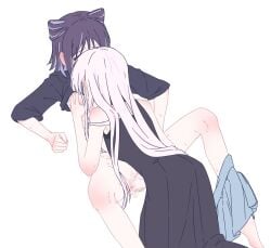 2girls black_dress blue_skirt cargo_skirt cho_kaguya-hime! cone_hair_bun dress fingering grabbing_another's_breast groping hair_bun highres long_hair medium_hair multicolored_hair multiple_girls pink_streaks pleated_skirt purple_hair pussy_juice runami_yachiyo runami_yachiyo_(wego) sakayori_iroha sakayori_iroha_(wego) shorts shorts_around_one_leg sidelocks simple_background skirt sleeveless sleeveless_dress streaked_hair tafnutou three-quarter_sleeves white_background white_hair yuri