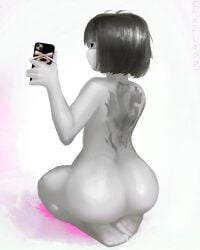 back_view behind_view burn_scar camera commission core_frisk digital_media_(artwork) digital_painting_(artwork) female female_focus female_only frisk grey_skin holding_phone nude recording sadfloow self_upload sitting sitting_down taking_picture undertale undertale_(series) undertale_au white_skin