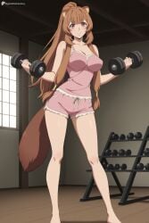 1girl ai_generated animal_ear_fluff animal_ears artist_name bare_shoulders barefoot blush breasts brown_hair cleavage closed_mouth collarbone digitalwaifugallery dolphin_shorts dumbbell exercise full_body gym hi_res high_quality high_resolution indoors large_breasts legs long_hair looking_at_viewer patreon patreon_username pink_shorts ponytail raccoon_ears raccoon_girl raccoon_tail raphtalia seductive sexy short_shorts shorts sidelocks smile solo standing tail tate_no_yuusha_no_nariagari uncensored very_long_hair watermark weightlifting weights wooden_floor