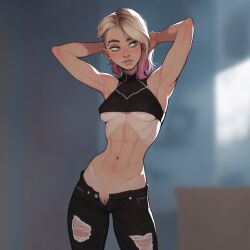 1girl abs ai_generated armpits arms_behind_head arms_up asymmetrical_hair blonde_hair blue_eyes blurry_background crop_top eyebrow_piercing eyebrows eyelashes falewii female female_focus fit fit_female front_view gradient_hair gwen_stacy gwen_stacy_(spider-verse) indoors jeans looking_away marvel marvel_comics medium_breasts mole_under_mouth multicolored_hair navel pink_hair pussy pussy_peek ripped_clothing ripped_jeans self_upload sidecut spider-gwen spider-man:_across_the_spider-verse spider-man:_into_the_spider-verse spider-man_(series) spider-verse standing stomach tanline thighs underboob undercut