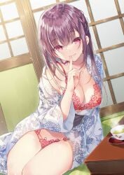 1girl arm_support bare_shoulders blush bra braid breasts cleavage collarbone eyelashes finger_to_mouth fingernails hair_between_eyes hand_up highres index_finger_raised japanese_clothes kimono lace lace_bra lace_panties large_breasts long_hair long_sleeves looking_at_viewer melonbooks miwabe_sakura off_shoulder open_clothes open_kimono original panties purple_eyes purple_hair red_bra red_panties shushing side_braid sidelocks sitting sliding_doors solo tatami underwear white_kimono yokozuwari