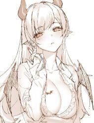 1girl 1girls artist_request blush breasts cleavage collarbone hololive horns large_breasts long_hair looking_at_viewer parted_lips playing_with_own_hair pointy_ears simple_background tattoo tattoo_on_chest touching_hair white_background yuzuki_choco