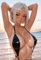 1girl ai_generated armpits arms_behind_head arms_up ashe_(overwatch) bangs black_one-piece_swimsuit blood blush breasts collarbone dark-skinned_female dark_skin kermixx large_breasts lips looking_at_viewer nosebleed o-ring ocean one-piece_swimsuit outdoors overwatch overwatch_2 parted_bangs red_eyes shiny shiny_skin short_hair sky smile solo swimsuit upper_body water wet white_hair