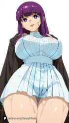 1girl :p ai_generated artist_name ass_visible_through_thighs bangs blunt_bangs breasts cameltoe covered_nipples dress fern_(sousou_no_frieren) frieren_beyond_journey's_end from_below large_breasts long_hair looking_at_viewer mole mole_under_eye panties patreon purple_eyes purple_hair questionable see-through senpai_pixels simple_background smile solo sousou_no_frieren thigh_gap thighs tongue tongue_out underwear wet wet_clothes wet_dress white_background white_dress