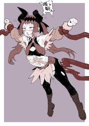 1girl absurdres ahegao black_pantyhose borrowed_character chinese_text commentary_request ebonyxh grabbed_by_tentacles hanging_legs highres horns magical_girl open_mouth original pantyhose rolling_eyes solo speech_bubble stomach_bulge tentacle_sex tentacles torn_clothes torn_pantyhose uneven_eyes