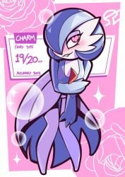 alvh_omega anthro blue_arms blue_hair blush blushing_at_viewer bubbles clothed color female_only gardevoir hair_covering_eye heart_eyes hi_res information_box looking_at_viewer nintendo pink_background pokemon pokemon_(species) seductive_smile sfw shiny_gardevoir shy_expression slender_body stars text white_body