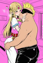 1boy 1girls ai_generated ass ass_grab bald bead_necklace bed belt black_pants blindfold blonde_hair blue_eyes blush breasts circlet clothing dark-skinned_male dress earrings eye_mask fat fat_man female forehead_jewel french_kiss grabbing_another's_ass groping half-closed_eyes hand_on_another's_face heavy_breathing hetero indoors jewelry kiss leather_pants lips long_hair male mask necklace pants pearl_necklace pink_background pointy_ears princess_zelda short_sleeves smile spoken_heart sweat the_legend_of_zelda tight_pants topless_male triforce white_dress