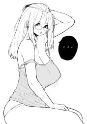 ... 1girl absurdres adjusting_hair aliasing bangs_pinned_back bare_shoulders breasts cleavage curvy glasses greyscale highres huge_breasts inne_sulistya_robin long_hair looking_over_eyewear looking_to_the_side monochrome motion_lines no_bra norman_maggot original panties sidelocks simple_background sitting solo speech_bubble spoken_ellipsis strap_slip tank_top underwear white_background