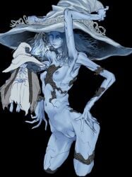 1girl armpits arms_up black_background blue_hair blue_skin cleft_of_venus colored_skin commentary_request contrapposto cracked_skin cropped_legs elden_ring extra_arms extra_faces hands_on_own_hips hat highres hitobashira_(1746164306) looking_at_viewer nipples nude one_eye_closed pussy ranni_the_witch solo witch_hat