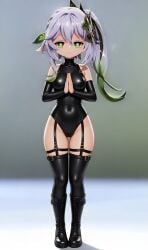 bdsm bdsm_outfit belts boots elf elf_female fingerless_gloves genshin_impact green_eyes green_hair latex_suit nahida_(genshin_impact) praying side_ponytail tights white_hair