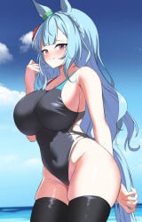 1girl 1girls ass big_ass big_breasts blue_hair blushing breasts cyan_hair cygames female female_only girl horse_ears horse_tail huge_breasts mejiro_ardan_(umamusume) purple_eyes smile stockings swimsuit umamusume umamusume:_cinderella_gray umamusume_pretty_derby