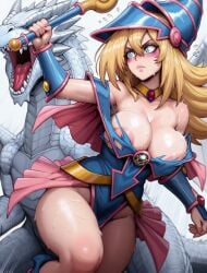 ai_generated areola areola_slip armour big_breasts blonde_female blonde_hair blue_eyes blue_eyes_white_dragon blush_lines blushing caught_off_guard dark_magician_girl demonchri fighting from_behind humiliation imminent_defeat long_hair loss_of_control sweat sweatdrop torn_clothes yu-gi-oh!