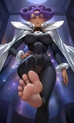 1girl 1girls ai_generated athletic athletic_female bare_feet barefoot black_bodysuit bodysuit bracelet cape cosmic_background cosmic_hair curvy curvy_figure earrings feet foot foot_fetish foot_focus foot_play huge_breasts lean_body lean_figure looking_at_viewer looking_down looking_down_at_viewer milf nipple_bulge nipples nipples_visible_through_clothing olympia_(pokemon) pokemon pokemon_xy pov purple_eyeshadow purple_hair pussy pussy_lips pussy_visible_through_clothes skin_tight skin_tight_clothing skin_tight_outfit skin_tight_suit sole_female soles soles_feet soles_fetish soles_focus soles_up solo solo_female solo_focus tanned tanned_female tanned_skin toes violet_eyes wavy_hair