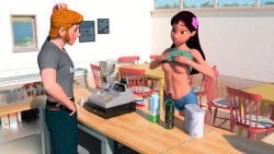 1boy 1girls 3d breasts dark-skinned_female dark_skin disney female female_focus flashing_breasts lilo_and_stitch male micklee nani_pelekai nipples shirt_lift