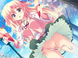 1girls blonde_hair blush cameltoe decensored dress kusukusu long_hair marie_rudel panties pussy sakura_strasse side-tie_panties solo surprised third-party_edit uncensored underwear wardrobe_malfunction