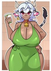 apron areola barista big_breasts boobs cow_ears cow_girl cow_horns food mommy mommy_milkers nipples nyekomei red_eyes tan_body tan_skin tits tits_bigger_than_head uniform white_hair