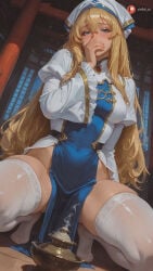 1girl ai_generated aisinful ass big_ass big_boobs big_butt blonde_hair blue_eyes blush breasts butt dress female goblin_slayer half-closed_eyes hat hi_res large_breasts long_hair long_sleeves looking_at_viewer medium_breasts priestess_(goblin_slayer) solo spread_legs squatting thick_thighs thighhighs thighs white_legwear wide_hips
