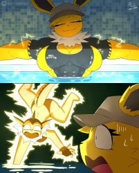 2026 2d_(artwork) 2girls abs anthro anthro_female anthro_only artist_logo artist_name arzyparzy big_boobs big_breasts bikini boobs breasts cap chilling closed_eyes clothed clothing cute eeveelution electric_shock electronics female female_focus female_only game_freak generation_1_pokemon hi_res highres jolteon lightning_bolt mouth mouth_open nintendo pain piercing piercings pokemon pokemon_(species) pool sexy shocked shocked_expression shocked_eyes sitting sitting_in_water swimming_pool swimsuit tail vaporeon water watermark yellow_body