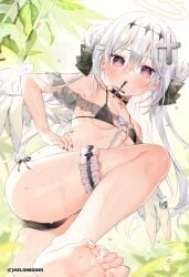 1girl ass barefoot bikini black_bikini black_choker black_nails black_ribbon blush breasts chihiro_(khorosho) choker cross cross_choker cross_hair_ornament double_bun earrings feet frilled_thigh_strap hair_between_eyes hair_bun hair_ornament hair_ribbon halo hand_on_own_hip jewelry leaf leg_up legs long_hair looking_at_viewer melonbooks mouth_hold nail_polish purple_eyes ribbon see-through_clothes small_breasts soles solo standing standing_on_one_leg string_bikini swimsuit thigh_strap toes wet white_hair white_wings wings