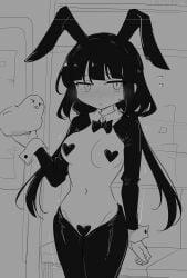 1girl absurdres animal animal_ears bird black_bow black_bowtie black_hairband black_pantyhose black_sleeves blush bow bowtie breasts buttons closed_mouth detached_collar fake_animal_ears flying_sweatdrops greyscale hairband heart_pasties highres holding holding_animal holding_bird inabakumori looking_at_viewer low_twintails medium_breasts monochrome mv_character navel osage-chan pantyhose pasties rabbit_ears shy sweat train_interior twintails youyume-kun