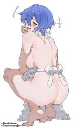 1girls apron apron_only ass ass_focus back_view barefoot blue_hair boobs breasts crouching crouching_female feet female female_only jjune looking_at_viewer looking_back naked orange_eyes original original_character short_hair smile thighs tits white_background