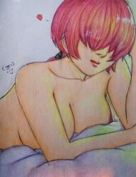 1girls bed big_breasts breasts_out cesar_secktor heart king_of_fighters light-skinned_female light_skin long_hair ponytail red_hair shermie_(kof)