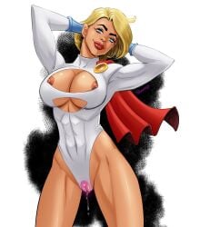 1girls abs areolae big_breasts blonde_hair blue_eyes boob_window breasts cape dc dc_comics female female_focus female_only hands_behind_head highres kara_zor-l karen_starr looking_at_viewer muscular muscular_female nipples penerotic power_girl pussy short_hair smile smiling_at_viewer solo solo_female superhero superheroine superman_(series) tagme text thick_lips thighs vagina