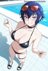 1girl ai_generated bangs bikini black_bikini black_choker black_nails blue_eyes blue_hair blush breasts choker cleavage collarbone eyewear_on_head grin large_breasts looking_at_viewer nail_polish naoto_shirogane navel persona persona_4 pool sandals shirogane_naoto short_hair smile solo sunglasses swimsuit thigh_strap vortalis wet