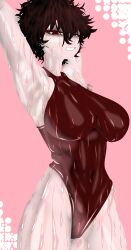 1girl artist_name big_breasts black_eyes digital_drawing_(artwork) ibispaintx messy_hair no_sex oc sweating sweaty sweaty_body swimsuit