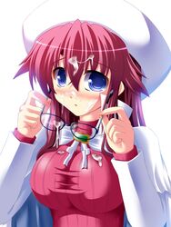 1girls aty aty_(summon_night) blue_eyes blush breasts cum glasses hat holding holding_removed_eyewear huge_breasts long_hair long_sleeves looking_at_viewer pink_hair ribbed_sweater simple_background solo summon_night summon_night_3 sweater unworn_eyewear upper_body utanone_shion white_background