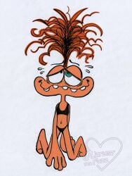 2024 absurd_res anxiety_(inside_out) biped bodily_fluids clothed clothing disney emotion_(inside_out) feet female fingers green_eyes hair hi_res humanoid inside_out kneeling lidded_eyes littlestfuzz navel not_furry orange_body orange_hair panties pen_(artwork) pixar simple_background smile solo sweat sweatdrop teeth traditional_media_(artwork) underwear