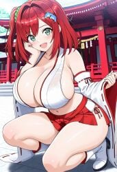 1girls ai_generated breasts dolphin_wave green_eyes hakama huge_breasts nontraditional_miko one_side_up open_mouth red_hair sakimiya_iruka wide_sleeves