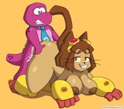 1boy 1boy1girl 1girls anthro areola areolae ass big_ass big_breasts breasts brown_fur brown_hair busty busty_female cat cat_girl cum dinosaur doggy_style fur gameoverse glitch_productions gobbles_(gameoverse) huge_ass kit_(gameoverse) kit_bodega male/female nipples pink_eyes pleasure_face purple_body scales sex tail thick_thighs thighs unknowndraw6798