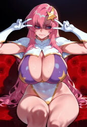 1girl 1girls ai_generated balecxi blue_eyes blush breasts capelet cleavage closed_mouth clothing couch covered_navel curvaceous curvaceous_female curvaceous_figure curvy curvy_figure double_v female female_focus gloves gundam gundam_seed gundam_seed_destiny hair_ornament hands_up highleg highleg_leotard huge_breasts large_breasts leotard long_hair looking_to_the_side meer_campbell multicolored_leotard on_couch pink_hair purple_bikini purple_leotard shaded_face sitting solo star_(symbol) star_hair_ornament star_print sweat thick_thighs thighs v veiny_breasts very_long_hair voluptuous voluptuous_female wavy_mouth white_capelet white_gloves white_leotard