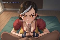 1girl 4k 8k absurd_res african_male aged_down ai_assisted ai_generated all_the_way_to_the_base angry annoyed beautiful beautiful_eyes beautiful_face big_ass black_choker black_gloves blacked blue_jumpsuit brat bratty breath bubble_butt choker claire cleavage crop_top cum_dump cum_dumpster cum_filled cum_in_mouth cum_overflow cum_splatter cum_string curvy dark dark_skin_male deepthroat detailed_background detailed_eyes detailed_face dim_lighting trollhunters yellow_dress