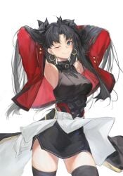 1girl 1girls armpits binu_(nadenade) blue_eyes blush earrings fate_(series) female long_hair one_eye_closed rin_tohsaka simple_background smile solo solo_focus white_background