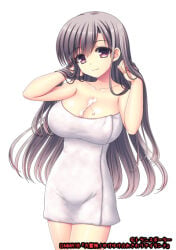 1girl 2000s_(style) awakaze_toyomi bare_shoulders blue_eyes blue_hair breasts cleavage closed_mouth collarbone commentary_request copyright_name copyright_notice cowboy_shot cum cum_on_body cum_on_breasts curled_fingers daibouken!_yukeyuke_osawari_island hands_in_own_hair large_breasts long_hair looking_at_viewer naked_towel official_art simple_background smile solo standing takano_miki towel translation_request very_long_hair w_arms white_background