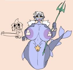 areolae balls breasts female huge_breasts lewdicrousart male marine mermaid penis shark shell_pasties starfish_(accessory) trident white_hair yellow_eyes