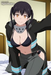 1girl ai_generated anime anime_style baggy_pants bed bikini black_bikini black_coat black_gloves black_hair breasts cleavage closed_mouth coat en'en_no_shouboutai enen_no_shouboutai fire_force gloves grey_pants hentai hi_res hip_vent indoors kneeling kotatsu_tamaki large_breasts long_sleeves looking_at_viewer medium_breasts mystic_maidens navel on_bed open_clothes open_coat orange_eyes pants patreon patreon_username selfie smile solo swimsuit tamaki_kotatsu twintails