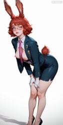 ai_generated animal_ears aurora_(league_of_legends) between_breasts black_footwear blue_eyes blue_jacket blush breasts breasts_out collared_shirt earrings full_body glasses gloves hands_on_own_knees hands_on_own_thighs high_heels jacket jewelry leaning_forward lips long_sleeves looking_at_viewer medium_breasts necktie necktie_between_breasts nipples no_bra one_eye_closed open_clothes open_jacket open_shirt parted_lips pencil_skirt pink_necktie pumps rabbit_ears rabbit_girl rabbit_tail red_hair round_eyewear shadow shirt short_hair simple_background skirt smile solo standing tail viera white_background white_gloves white_shirt