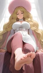 1girl 1girls ai_generated bare_feet barefoot blonde_female blonde_hair blue_eyes breast_cleavage caitlin_(pokemon) cape cleavage curvy curvy_figure feet foot foot_fetish foot_focus foot_play long_hair looking_at_viewer looking_down looking_down_at_viewer medium_breasts milf pink_cape pink_hair pink_skirt pokemon pokemon_bw pokemon_bw2 pov sole_female soles soles_feet soles_fetish soles_focus soles_up solo solo_female solo_focus toes white_clothing