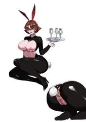 1girls ass ass_close-up asshole_stretched_wide big_ass brown_eyes brown_hair bunny_ears bunny_tail bunnysuit buttplug commission_art devil_summoner exposed_breasts gialu high_heels huge_breasts makeup object_in_ass rei_reiho reverse_bunnysuit shin_megami_tensei simple_background soul_hackers
