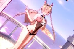 1girls animal_ears ass beach blonde_hair brat cleavage cropped_shirt curvy female fox_ears fox_girl fox_tail hand_on_own_chest hips indie_virtual_youtuber looking_at_viewer one-piece_swimsuit outdoors red_eyes see-through_shirt sexy shirahiko_(vtuber) shirt_lift small_breasts smug solo spamkaju tail teasing thighs tits twintails v virtual_youtuber vtuber water white_shirt x_hair_ornament