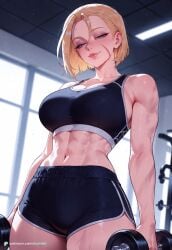 1girl 1girls 2026 ai_assisted ai_generated black_bra black_gym_shorts black_shorts black_sports_bra blonde_hair blue_eyes cammy_white cammy_white_(street_fighter_6) ccmint cowboy_shot dumbbell gym gym_shorts highres holding holding_dumbbell indoors looking_at_viewer seductive seductive_look seductive_smile sports_bra standing street_fighter street_fighter_6 uncensored weightlifting