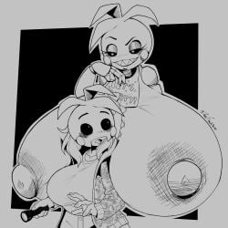 2girls animatronic animatronic_female beakless big_breasts breasts breasts_bigger_than_head breasts_out chicken chicken_girl danigrex2n female five_nights_at_freddy's five_nights_at_freddy's_2 fnaf hyper_breasts large_breasts mask masked masked_female phasianid robot robot_girl scottgames surrounded_by_breasts toy_chica_(fnaf) yellow yellow_skin