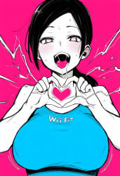 1girls ai_generated bare_shoulders black_hair blush breasts clothing colored_skin drooling female heart-shaped_pupils heart_hands large_breasts long_hair looking_at_viewer open_mouth pink_background ponytail saliva shirt simple_background solo sweat symbol-shaped_pupils tank_top teeth tongue tongue_out upper_body white_skin wii_fit wii_fit_trainer wii_fit_trainer_(female)