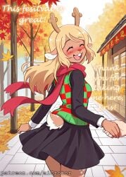 ai_generated aicrotor autumn couple cute deltarune festival holding_hands noelle_holiday scarf skirt smile sweater wholesome