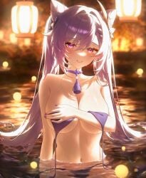 1girl ai_generated alternate_breast_size alternate_costume bare_arms bare_shoulders bikini blurry blurry_background blush bokeh bow braid braided_bangs breast_hold breasts choker cleavage collarbone cone_hair_bun covering_breasts covering_one_breast covering_privates depth_of_field diamond-shaped_pupils diamond_(shape) double_bun flower genshin_impact grin hair_between_eyes hair_bun hair_ears hair_flower hair_intakes hair_ornament hand_on_own_chest hoyoverse jewelry keqing_(genshin_impact) lantern large_breasts long_hair looking_at_viewer micro_bikini ministro nail_polish navel neck_tassel night night_sky nude open_mouth outdoors paper_lantern parted_lips partially_submerged pink_bikini pink_choker pink_eyes pink_hair pink_nails pool purple_bikini purple_choker purple_eyes purple_hair red_bikini red_choker red_nails ripples side-tie_bikini_bottom sidelocks sitting sky_lantern smile solo stomach string_bikini swept_bangs swimsuit symbol-shaped_pupils tassel teeth topless twintails underboob untied_bikini unworn_bikini_top upper_body very_long_hair wading wardrobe_malfunction water wet wet_hair