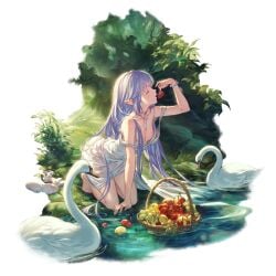 1girls angelic arm_support barefoot bracelet breasts cherry closed_eyes day dress eating eating_fruit elf_ears elf_female eyes_closed feet female female_elf female_focus female_only food fruit fruit_basket granblue_fantasy grapes grass hair_over_breasts holding_food holding_fruit jewelry kneeling lake lakeside leaves lily_(granblue_fantasy) long_hair minaba_hideo nature nipple_slip no_bra official_art outdoors picnic_basket pointy_ears see-through see-through_clothing see-through_dress small_breasts sunlight swan teenage_female teenage_girl teenager thighs tree very_long_hair water wet wet_clothes wet_dress white_dress