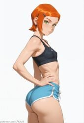 1girl ai ai_art ai_generated ass ben_10 ben_10_(classic) black_sports_bra breasts covered_nipples dolphin_shorts green_eyes gwen_tennyson gwen_tennyson_(classic) hairclip hand_on_own_hip looking_at_viewer orange_hair short_hair short_shorts shorts simple_background solo sports_bra tagme xxai